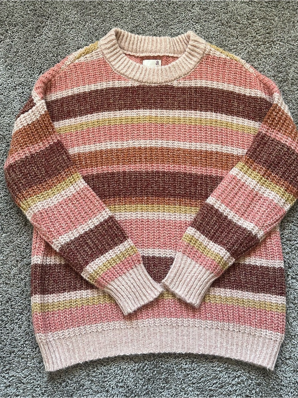 SO Striped Crewneck Sweater in Pink, Brown & Cream